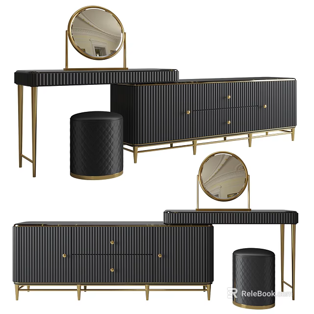 Modern Black Gold Dressing Table With Striped Drawers Round Mirror And Stool 3d model
