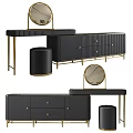 Modern Black Gold Dressing Table With Striped Drawers Round Mirror And Stool 3d model