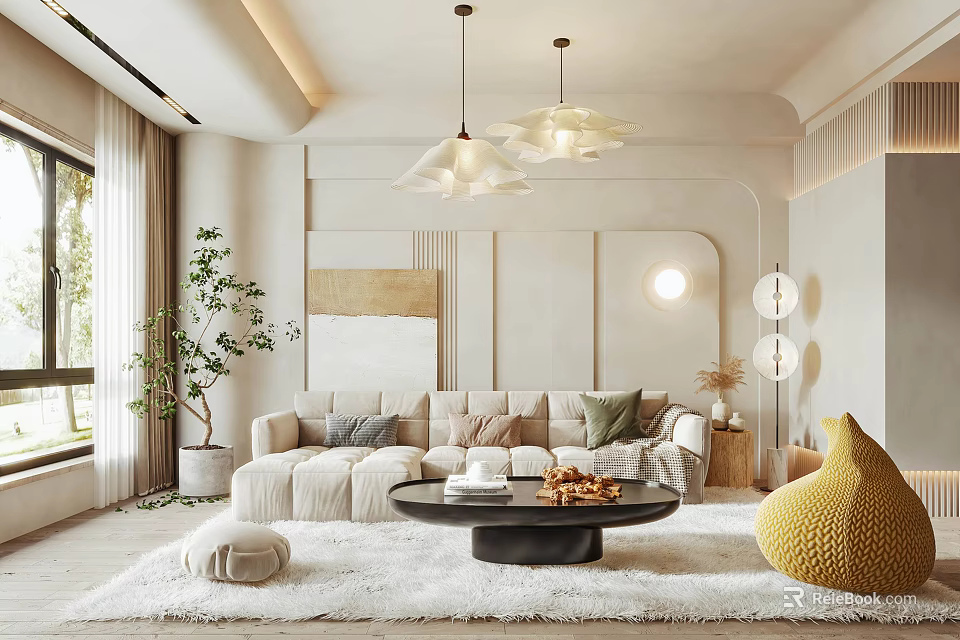 Modern Living Room With Beige Sofa Round Black Coffee Table White Rug And Green Plant 3d model 