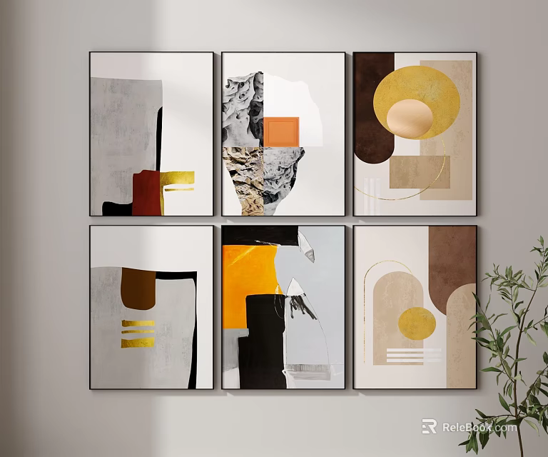 Set Of Six Modern Abstract Paintings With Geometric Shapes And Neutral Tones For Interior Decor 3d model 