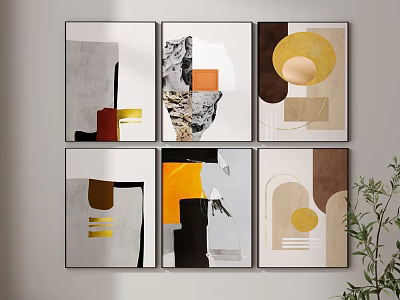 Set Of Six Modern Abstract Paintings With Geometric Shapes And Neutral Tones For Interior Decor 3d model