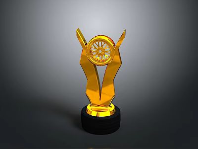 Golden Trophy Design With Winged Body Wheel Center And Black Base 3d model