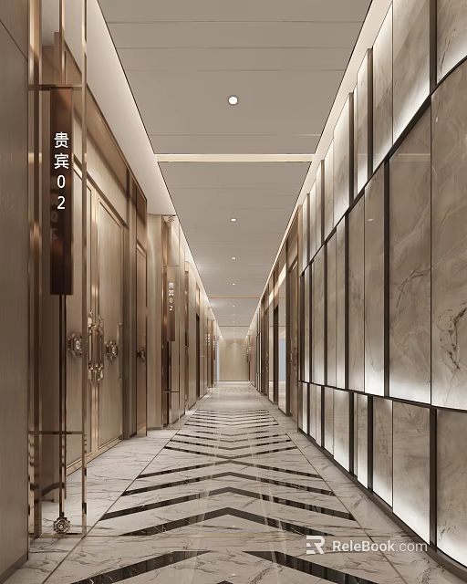 Luxurious Elevator Corridor Interior Design With Marble Walls Recessed Lighting And Patterned Flooring 3d model