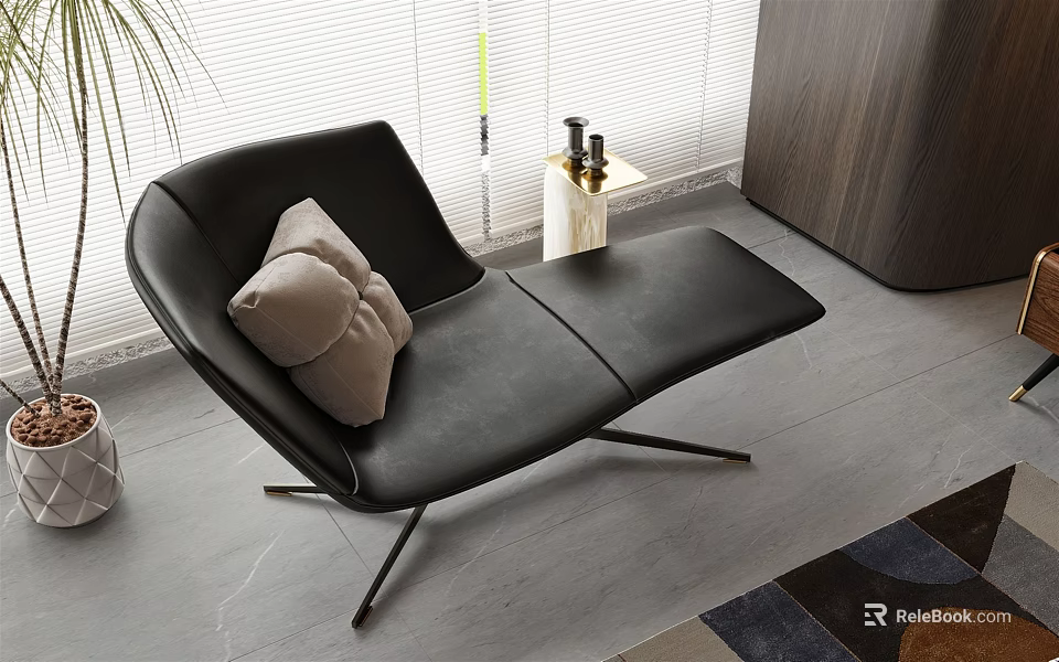 Modern Black Leather Chaise Lounge With Plush Cushion Metal Legs And Window Blinds 3d model 