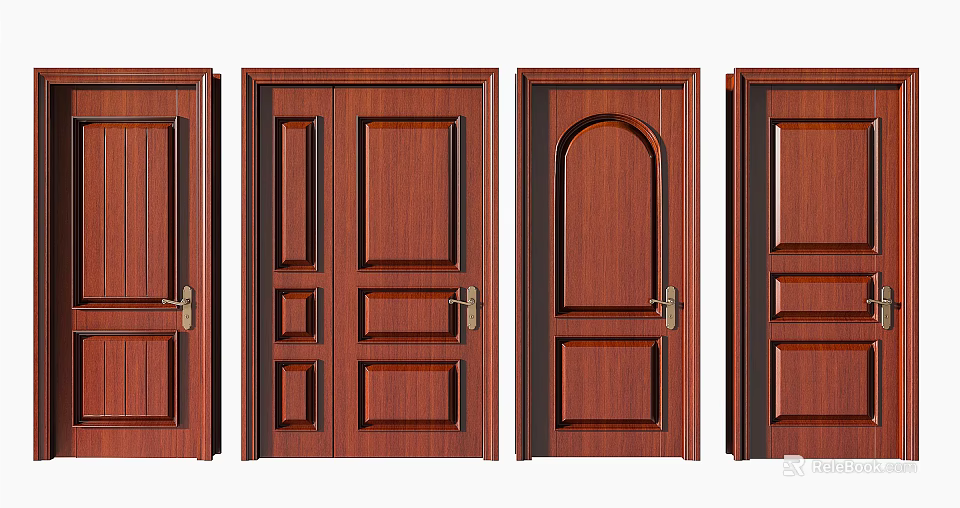 Brown Wooden Hinged Doors with Various Panel Designs for Home Interior 3d model