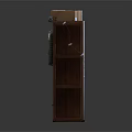 Wooden Wardrobe With Mesh Doors Drawers Below Plaid Shirt Hanging And Cardboard Boxes On Top