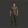 Military Soldier In Camouflage Uniform With Beret Standing Pose And Green Boots
