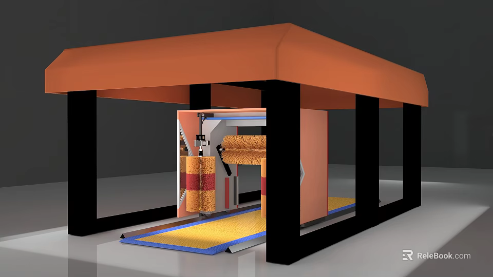 Industrial Commercial Equipment with Orange Canopy Black Frame Yellow Blue Conveyor Belt and Rollers 3d model 