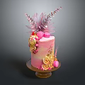 Pink Ombre Cake With Golden Roses Pink Macarons And Feather Like Toppings On Brown Tray