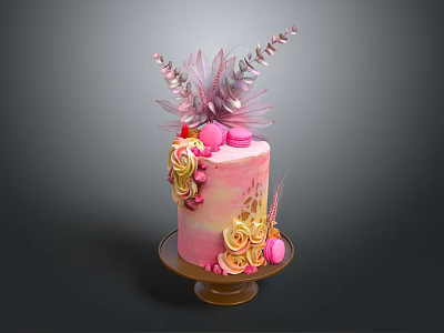 Pink Ombre Cake With Golden Roses Pink Macarons And Feather Like Toppings On Brown Tray 3d model