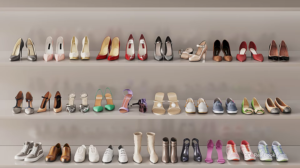 Various Stylish Shoes Arranged on Shelves with Different Designs and Colors 3d model 