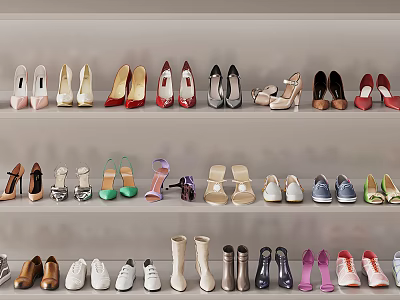 Various Stylish Shoes Arranged on Shelves with Different Designs and Colors 3d model