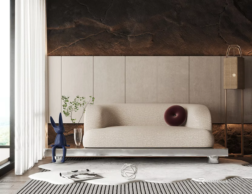 Modern Beige Sectional Sofa with Round Maroon Cushion against Dark Marble Wall Blue Rabbit Decor 3d model 