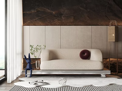 Modern Beige Sectional Sofa with Round Maroon Cushion against Dark Marble Wall Blue Rabbit Decor 3d model