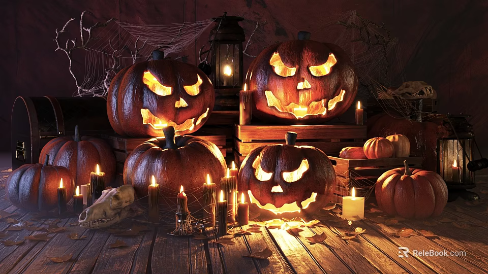Halloween Photo Spot With Glowing Jack o Lanterns Skull Candles Lantern And Spider Webs 3d model 