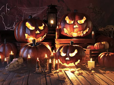 Halloween Photo Spot With Glowing Jack o Lanterns Skull Candles Lantern And Spider Webs 3d model