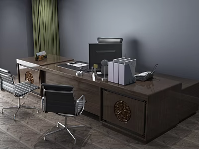 Modern Wooden Office Desk With Computer Monitor Folders Phone And Office Chairs 3d model