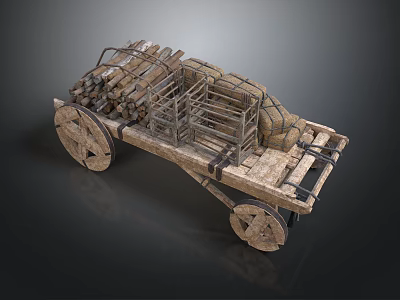Old Wooden Cart Loaded With Logs And Sacks On Dark Surface 3d model