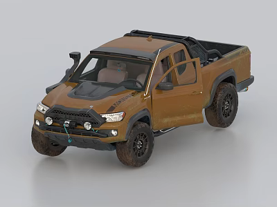 Brown Pickup Truck with Open Doors Off Road Style Roof Rack and Large Tires 3d model