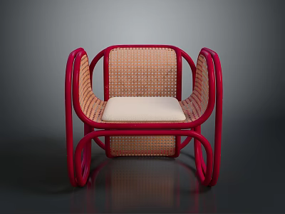 Leisure Chair With Red Frame Rattan Backrest Seat And Beige Cushion 3d model