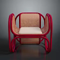 Leisure Chair With Red Frame Rattan Backrest Seat And Beige Cushion