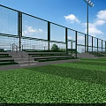 School Sports Stadium Structure With Green Seats Metal Fence And Grass Field
