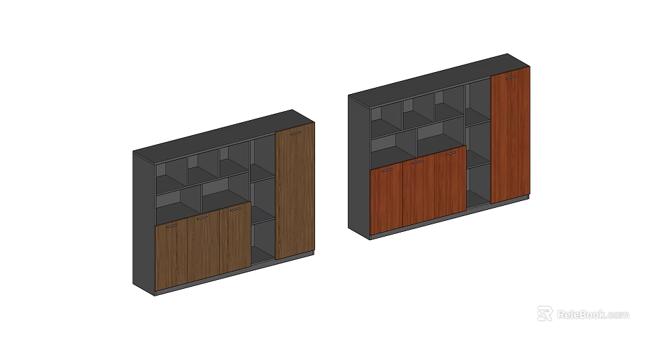 Modern Wooden Bookcase Design With Open Shelves And Cabinet Storage 3d model 