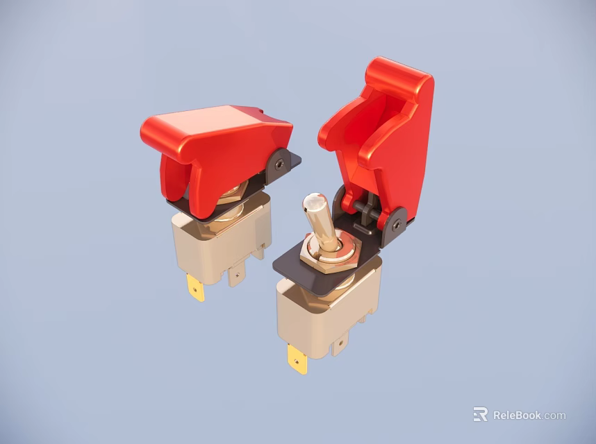 Red Toggle Switches With Metal Base And Yellow Pins For Electrical Use 3d model 