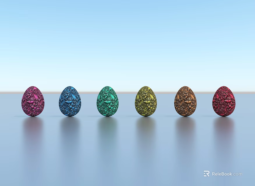 Six Colorful Sparkling Egg Shaped Decorative Ornament Set Arranged On Smooth Surface Against Blue Sky 3d model 