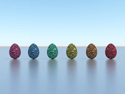 Six Colorful Sparkling Egg Shaped Decorative Ornament Set Arranged On Smooth Surface Against Blue Sky 3d model