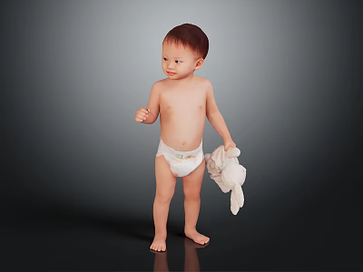 Cute Baby Standing Naked With Diaper Holding Cloth On Dark Background 3d model
