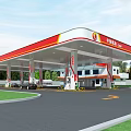Modern China Energy Gas Station Exterior With Fuel Pumps And Vehicles On Lawn