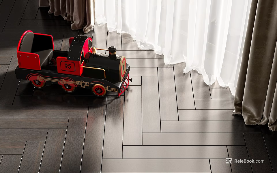 Electric Toy Train with Red and Black Design on Wooden Floor 3d model 