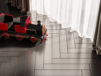 Electric Toy Train with Red and Black Design on Wooden Floor 3d model