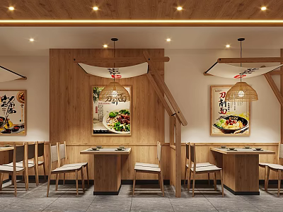 Warm Restaurant Interior With Wooden Walls Hanging Lamps Posters Dining Tables And Chairs 3d model