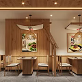 Warm Restaurant Interior With Wooden Walls Hanging Lamps Posters Dining Tables And Chairs