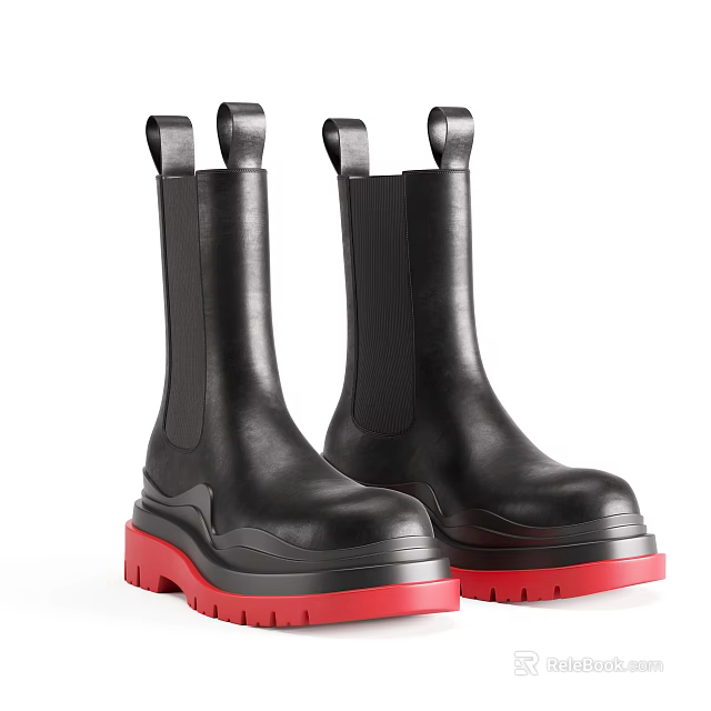 Black Leather Mid Calf Boots With Red Thick Soles And Elastic Panels 3d model 