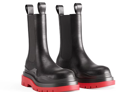 Black Leather Mid Calf Boots With Red Thick Soles And Elastic Panels 3d model