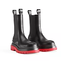 Black Leather Mid Calf Boots With Red Thick Soles And Elastic Panels