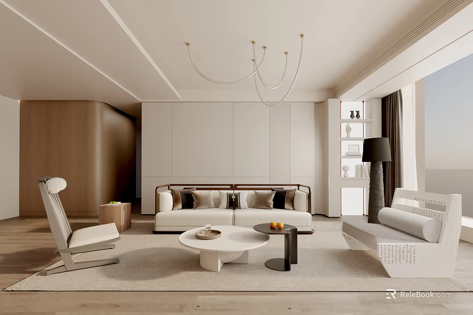 Modern Living Room Interior Design With Beige Sofa Round Coffee Table And Large Window 3d model 
