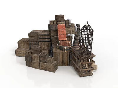 Vintage Household Items Display With Wooden Crates Red Bag Birdcage And Barrels 3d model