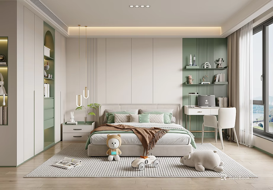 Modern Kids Bedroom Interior With Plush Toys Study Desk And Shelves 3d model 