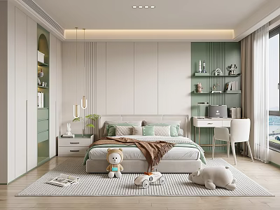 Modern Kids Bedroom Interior With Plush Toys Study Desk And Shelves 3d model