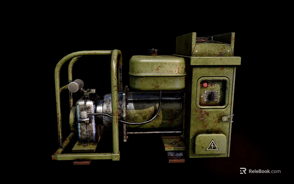 Old Green Industrial Machine With Metal Frame Control Panel And Warning Sign 3d model