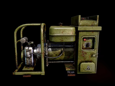 Old Green Industrial Machine With Metal Frame Control Panel And Warning Sign 3d model