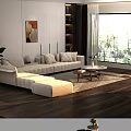 Beige Sofa With Pillows And Marble Wooden Coffee Table Set Featuring Green Plants On Rug