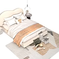 Double Bed with Cloud Shaped Headboard Soft Pillows Beige Blanket Stuffed Toys on Cozy Rug