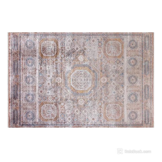 Detailed Decorative Vintage Square Rug With Symmetric Geometric Patterns And Neutral Tones 3d model 