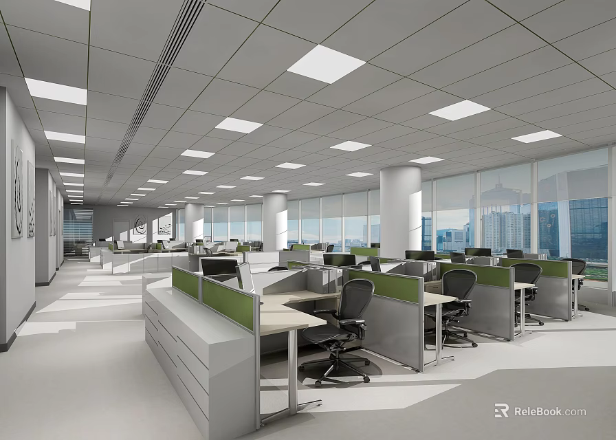 Bright Modern Public Office Space With Workstation Cubicles And Large Windows 3d model 
