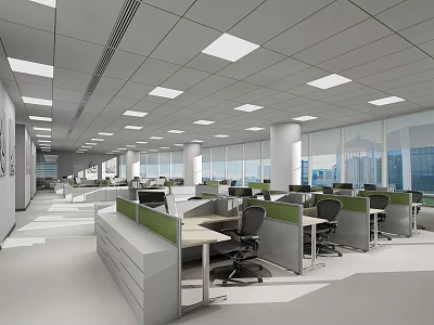 Bright Modern Public Office Space With Workstation Cubicles And Large Windows 3d model